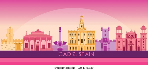 Sunset Skyline panorama of  Cadiz, Andalusia, Spain - vector illustration