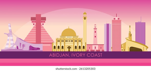 Sunset Skyline panorama of city of Abidjan, Ivory Coast - vector illustration