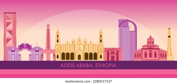 Panorama del horizonte de la puesta del sol en la ciudad de Adís Abeba, Etiopía - ilustración vectorial