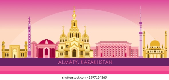 Sunset Skyline panorama of city of Almaty, Kazakhstan - vector illustration