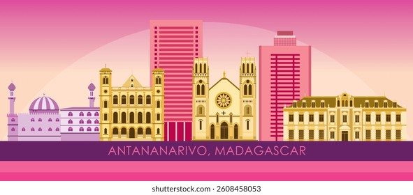 Sunset Skyline panorama of city of Antananarivo, Madagascar - vector illustration
