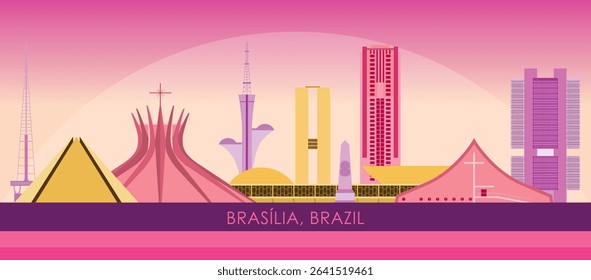 Sunset Skyline panorama of city of Brasilia, Brazil - vector illustration