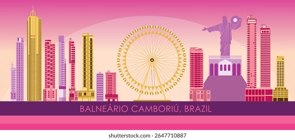 Pôr do Sol Panorama panorâmico da cidade de Balneário Camboriú, Brasil - ilustração vetorial
