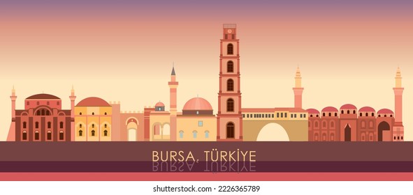 Sunset Skyline panorama of city of Bursa, Turkiye - vector illustration