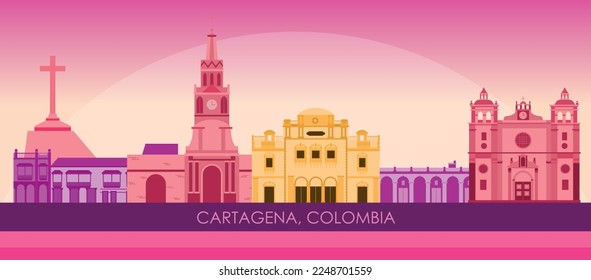 Sunset Skyline panorama of city of Cartagena, Colombia - vector illustration