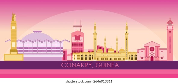 Sunset Skyline panorama of city of Conakry, Guinea - vector illustration