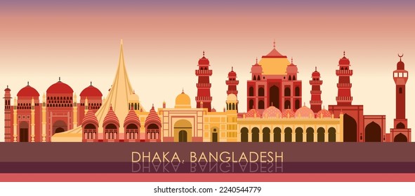 Sunset Skyline panorama of city of Dhaka, Bangladesh - vector illustration
