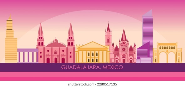 Sunset Skyline panorama of city of Guadalajara, Mexico - vector illustration