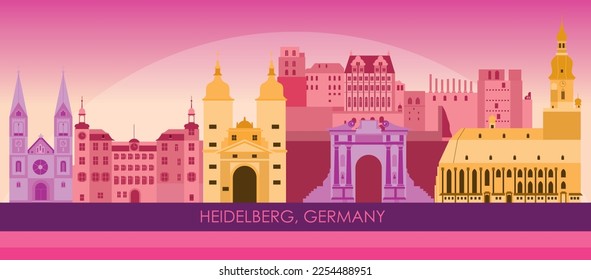 Sunset Skyline panorama of city of Heidelberg, Germany - vector illustration