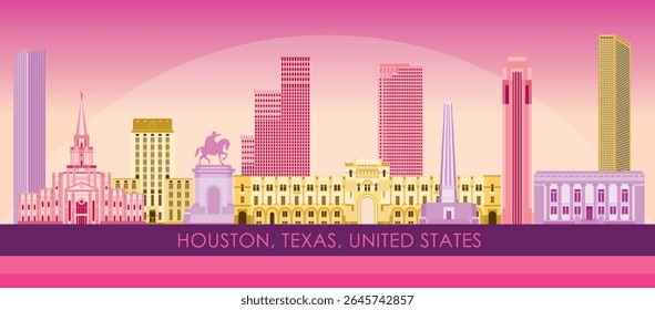 Sunset Skyline panorama of city of Houston, Texas, United States - vector illustration