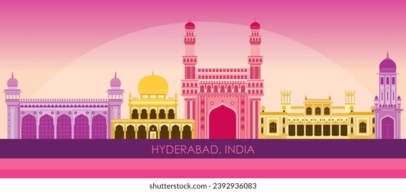 Sunset Skyline panorama of city of Hyderabad, India - vector illustration