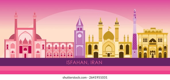 Sunset Skyline panorama of city of Isfahan, Iran  - vector illustration