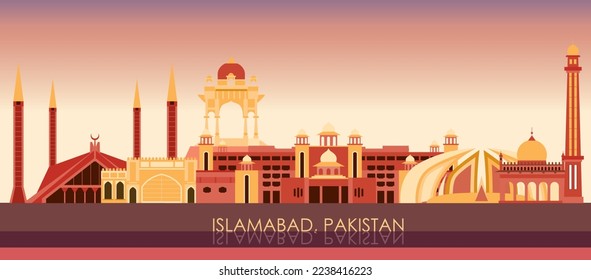 Panorama del horizonte de la puesta del sol en la ciudad de Islamabad, Pakistán - ilustración vectorial