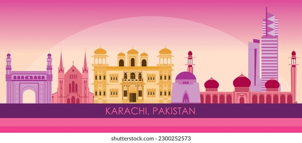 Sunset Skyline panorama of city of Karachi, Pakistan - vector illustration