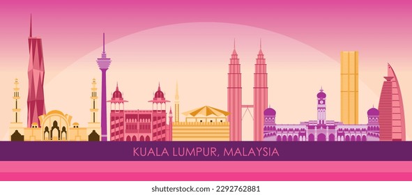 Sunset Skyline panorama of city of Kuala Lumpur, Malaysia - vector illustration