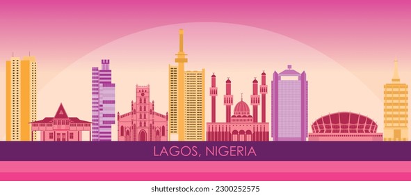 Sunset Skyline panorama of city of Lagos, Nigeria - vector illustration