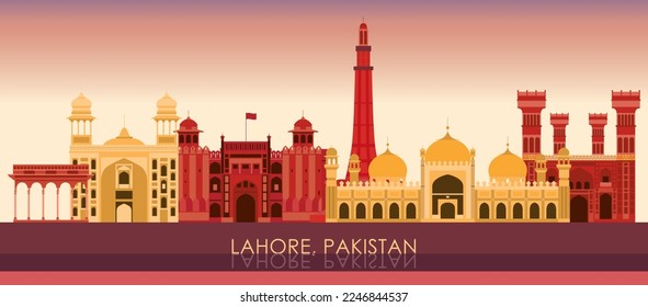 Sunset Skyline panorama of city of Lahore, Pakistan - vector illustration