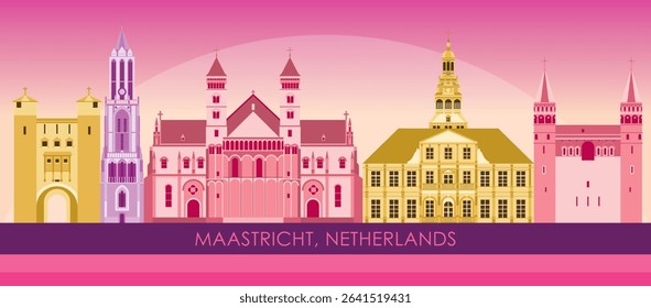 Sunset Skyline panorama of city of Maastricht, Netherlands  - vector illustration