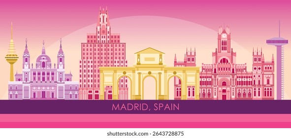 Sunset Skyline panorama of city of Madrid, Spain - vector illustration
