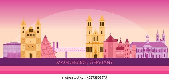 Sunset Skyline panorama of city of Magdeburg, Germany - vector illustration