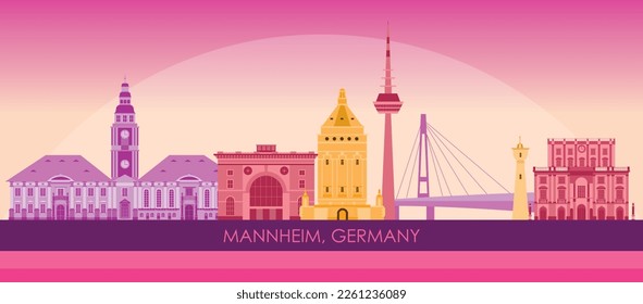 Sunset Skyline panorama of city of Mannheim, Germany - vector illustration