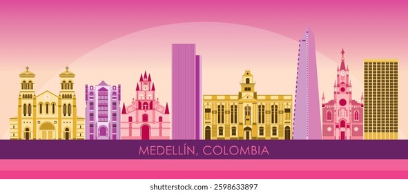 Sunset Skyline panorama of city of Medellin, Colombia - vector illustration