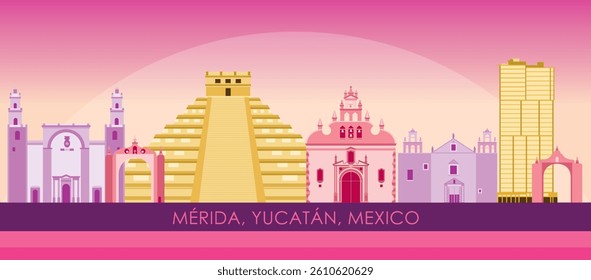 Sunset Skyline panorama of city of Merida, Yucatan, Mexico - vector illustration