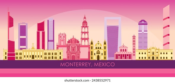 Sunset Skyline panorama of city of Monterrey, Mexico - vector illustration