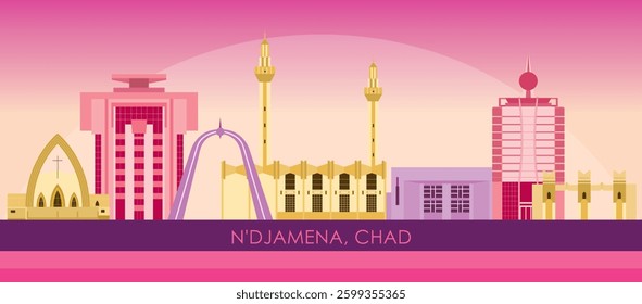 Sunset Skyline panorama of city of N'djamena, Chad - vector illustration