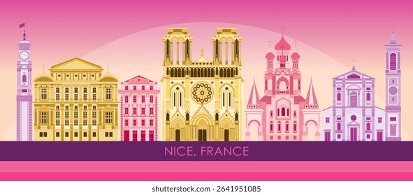 Sunset Skyline panorama of City of Nice, France - vector illustration