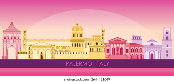 Sunset Skyline panorama da cidade de Palermo, Sicília, Itália - ilustração vetorial