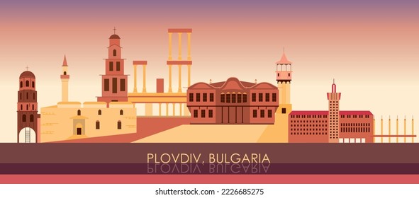 Sunset Skyline panorama of city of Plovdiv, Bulgaria - vector illustration