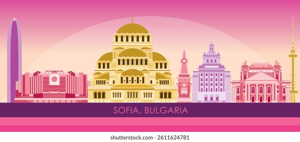 Sunset Skyline panorama of city of Sofia, Bulgaria - vector illustration