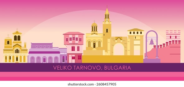 Sunset Skyline panorama of city of Veliko Tarnovo, Bulgaria - vector illustration