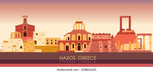 Sunset Skyline panorama of  Naxos, Cyclades Islands, Greece - vector illustration