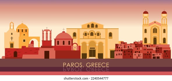 Panorama del horizonte de la puesta del sol sobre la isla de Paros, Cícladas, Grecia - ilustración vectorial