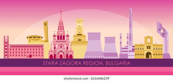 Sunset Skyline panorama of  Stara Zagora Region, Bulgaria- vector illustration