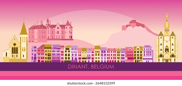 Sunset Skyline panorama of town of Dinant, Belgium - vector illustration