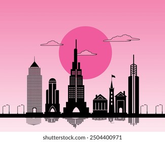 Sunset and skyscraper view in modern city pinkish vector art illustration, silhouettes of buildings and skyscrapers of a beautiful smart city, city landscape illustration.