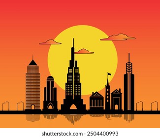 Sunset and skyscrapers view in modern city vector art illustration, silhouettes of buildings and skyscrapers of a smart developed city, Vector art of city landscape.