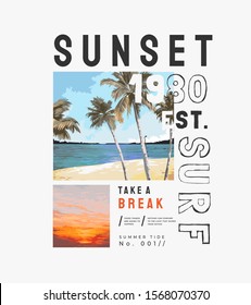 sunset slogan on beach sunset background illustration