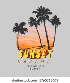 sunset slogan on beach sunset and palm tree silhouette illustration in circle 