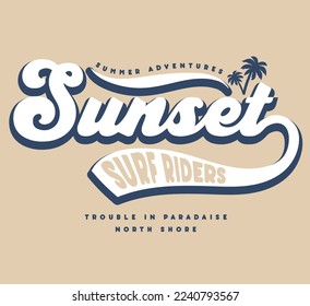 slogan de la puesta del sol, aventuras de verano, surf, palmera, eslogan varsity