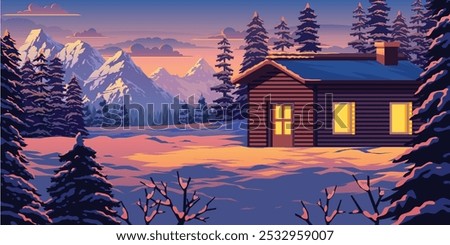 Sunset Snow Mountain Cabin Vector Landscape Illustration