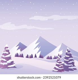 Sunset snowy mountains, vector winter landscape