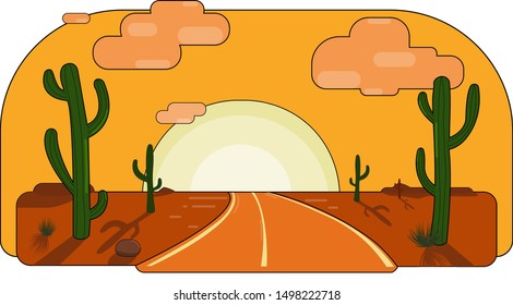 Sunset in a soulless desert with cacti