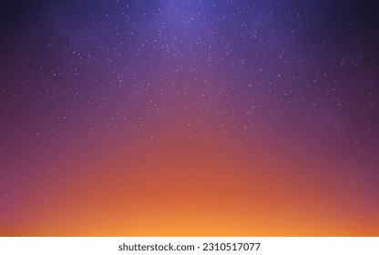 Sunset stars. Realistic orange gradient with starlight effect. Starry night sky. Cosmic banner template with soft light. Realistic blurred sky with sunlight. Vector illustration.
