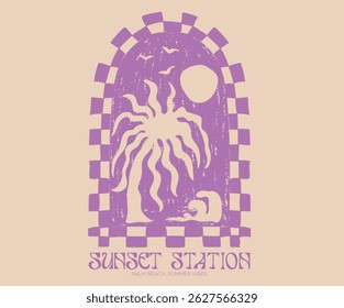 Sunset station. Ocean abstract wave. Summer vibes artwork. Sunshine paradise graphic print design. Palm modern abstract art.
