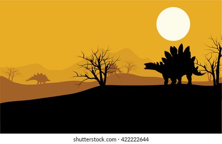 At sunset stegosaurus in fields scenery a beautiful