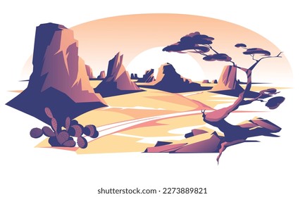 piedra puesta al sol y paisaje desierto de arena. Vista rural. Ilustración plana del vector